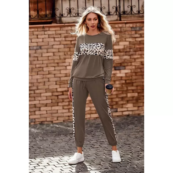 imagePRETTYGARDEN Womens Color Block 2 Piece Tracksuit Crewneck Long Sleeve Tops Long Sweatpants Outfits Lounge SetsLeopard Dark Khaki