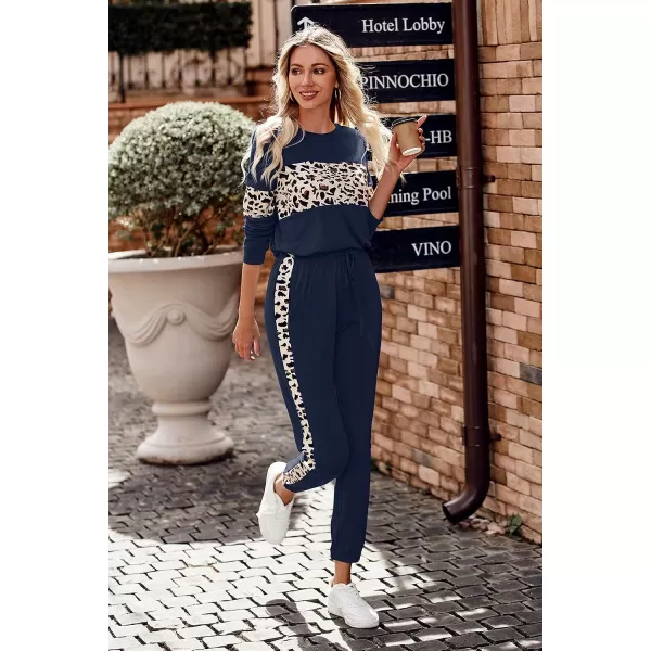imagePRETTYGARDEN Womens Color Block 2 Piece Tracksuit Crewneck Long Sleeve Tops Long Sweatpants Outfits Lounge SetsLeopard Navy