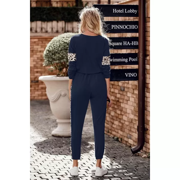 imagePRETTYGARDEN Womens Color Block 2 Piece Tracksuit Crewneck Long Sleeve Tops Long Sweatpants Outfits Lounge SetsLeopard Navy