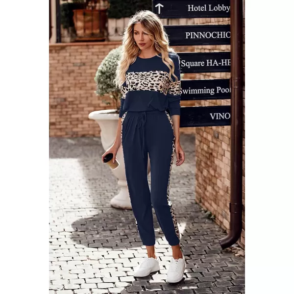 imagePRETTYGARDEN Womens Color Block 2 Piece Tracksuit Crewneck Long Sleeve Tops Long Sweatpants Outfits Lounge SetsLeopard Navy