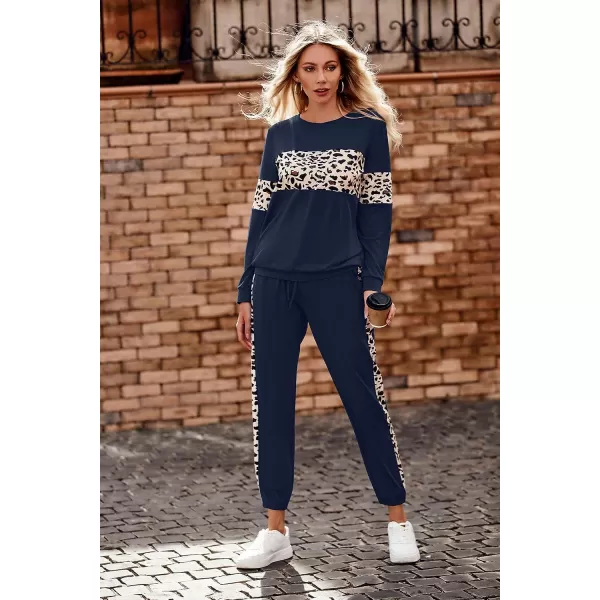imagePRETTYGARDEN Womens Color Block 2 Piece Tracksuit Crewneck Long Sleeve Tops Long Sweatpants Outfits Lounge SetsLeopard Navy