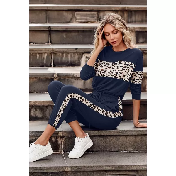 imagePRETTYGARDEN Womens Color Block 2 Piece Tracksuit Crewneck Long Sleeve Tops Long Sweatpants Outfits Lounge SetsLeopard Navy