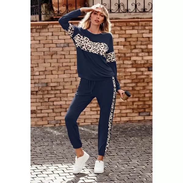 imagePRETTYGARDEN Womens Color Block 2 Piece Tracksuit Crewneck Long Sleeve Tops Long Sweatpants Outfits Lounge SetsLeopard Navy