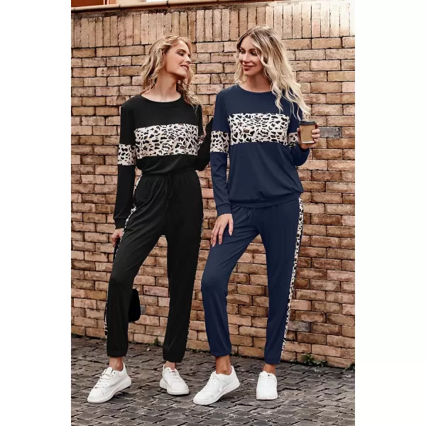 imagePRETTYGARDEN Womens Color Block 2 Piece Tracksuit Crewneck Long Sleeve Tops Long Sweatpants Outfits Lounge SetsLeopard Navy