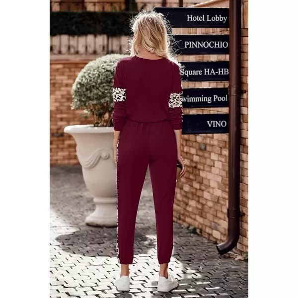 imagePRETTYGARDEN Womens Color Block 2 Piece Tracksuit Crewneck Long Sleeve Tops Long Sweatpants Outfits Lounge SetsLeopard Wine Red