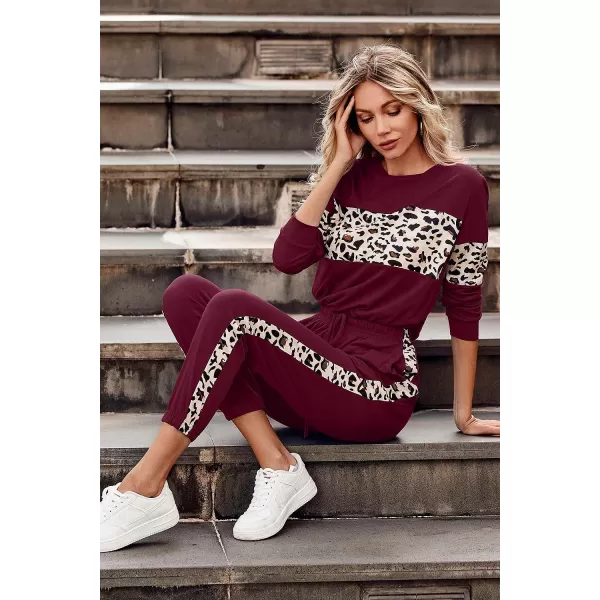imagePRETTYGARDEN Womens Color Block 2 Piece Tracksuit Crewneck Long Sleeve Tops Long Sweatpants Outfits Lounge SetsLeopard Wine Red
