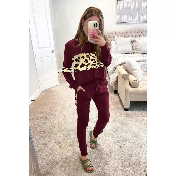 imagePRETTYGARDEN Womens Color Block 2 Piece Tracksuit Crewneck Long Sleeve Tops Long Sweatpants Outfits Lounge SetsLeopard Wine Red