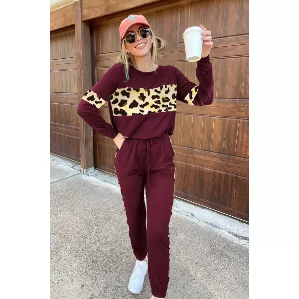 imagePRETTYGARDEN Womens Color Block 2 Piece Tracksuit Crewneck Long Sleeve Tops Long Sweatpants Outfits Lounge SetsLeopard Wine Red
