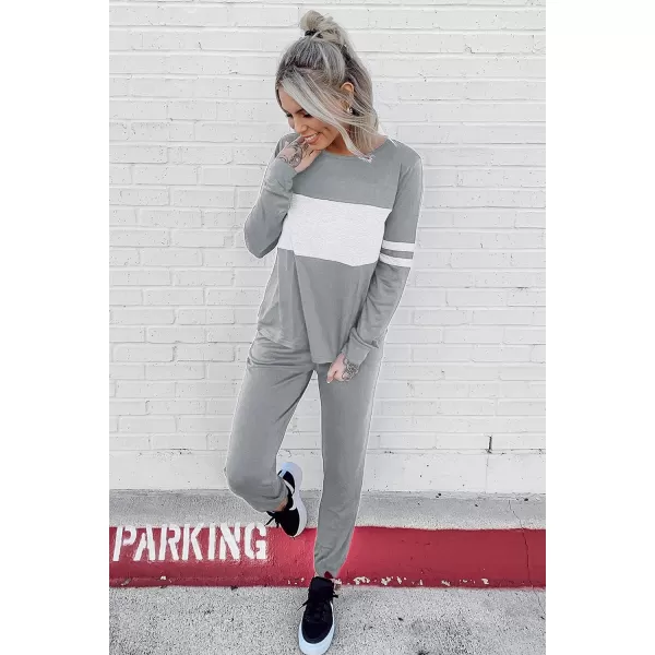 imagePRETTYGARDEN Womens Color Block 2 Piece Tracksuit Crewneck Long Sleeve Tops Long Sweatpants Outfits Lounge SetsLight Grey
