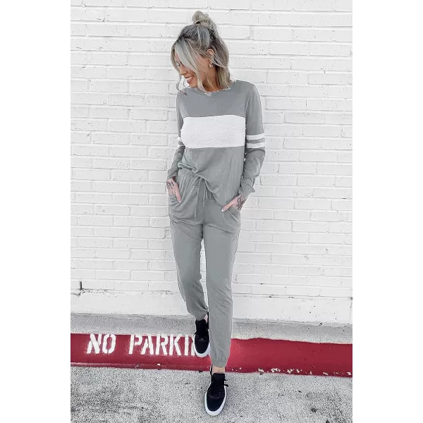 imagePRETTYGARDEN Womens Color Block 2 Piece Tracksuit Crewneck Long Sleeve Tops Long Sweatpants Outfits Lounge SetsLight Grey