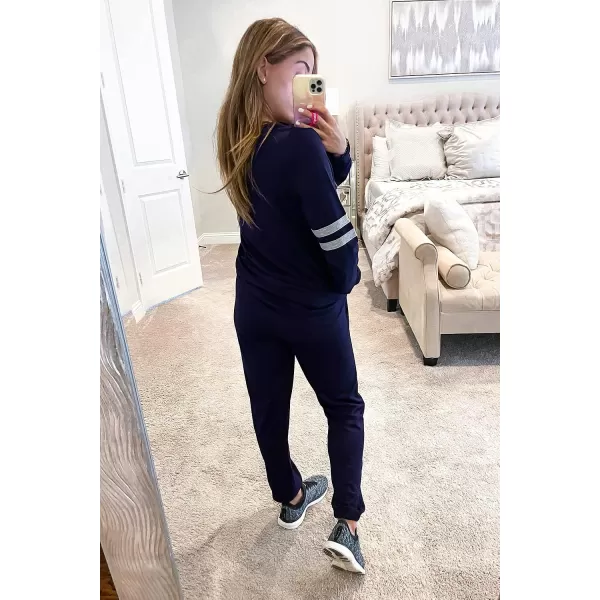 imagePRETTYGARDEN Womens Color Block 2 Piece Tracksuit Crewneck Long Sleeve Tops Long Sweatpants Outfits Lounge SetsNavy