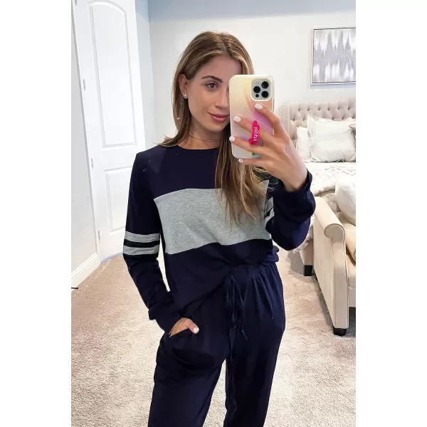 imagePRETTYGARDEN Womens Color Block 2 Piece Tracksuit Crewneck Long Sleeve Tops Long Sweatpants Outfits Lounge SetsNavy