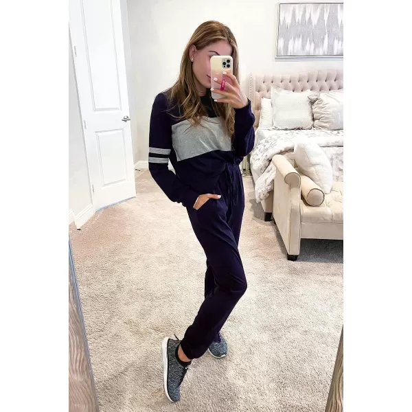 imagePRETTYGARDEN Womens Color Block 2 Piece Tracksuit Crewneck Long Sleeve Tops Long Sweatpants Outfits Lounge SetsNavy