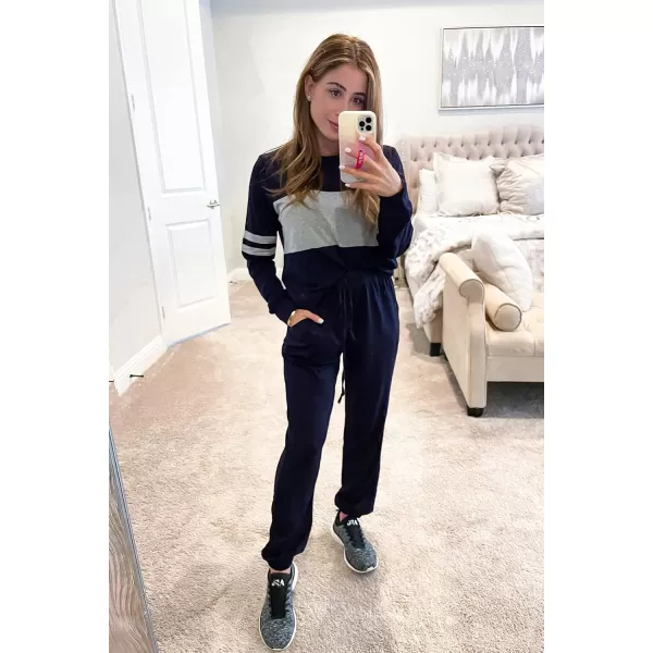 imagePRETTYGARDEN Womens Color Block 2 Piece Tracksuit Crewneck Long Sleeve Tops Long Sweatpants Outfits Lounge SetsNavy