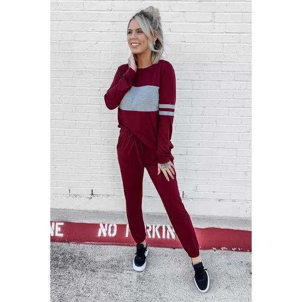 imagePRETTYGARDEN Womens Color Block 2 Piece Tracksuit Crewneck Long Sleeve Tops Long Sweatpants Outfits Lounge SetsWine Red