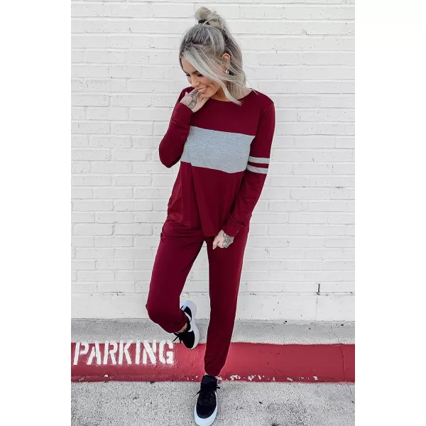 imagePRETTYGARDEN Womens Color Block 2 Piece Tracksuit Crewneck Long Sleeve Tops Long Sweatpants Outfits Lounge SetsWine Red