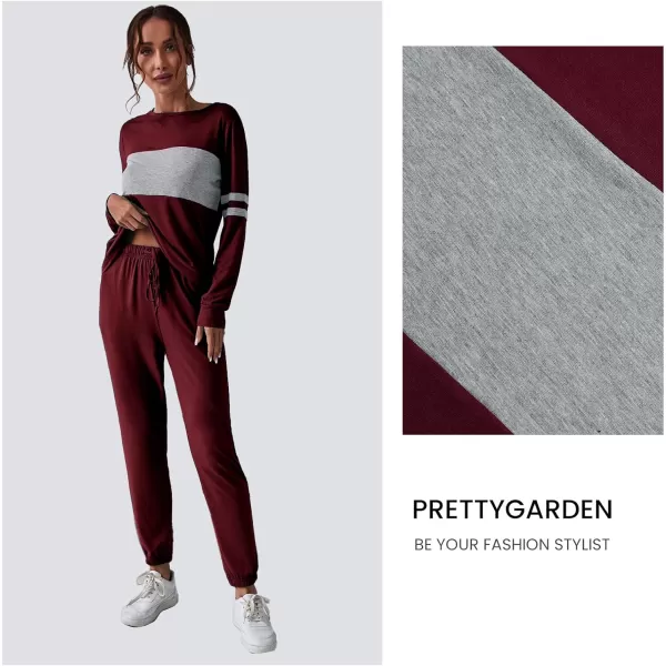 imagePRETTYGARDEN Womens Color Block 2 Piece Tracksuit Crewneck Long Sleeve Tops Long Sweatpants Outfits Lounge SetsWine Red
