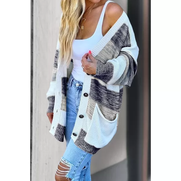 imagePRETTYGARDEN Womens Color Block Cardigan Long Sleeve Open Front Button Down Knit Sweater Coat with PocketsBlue