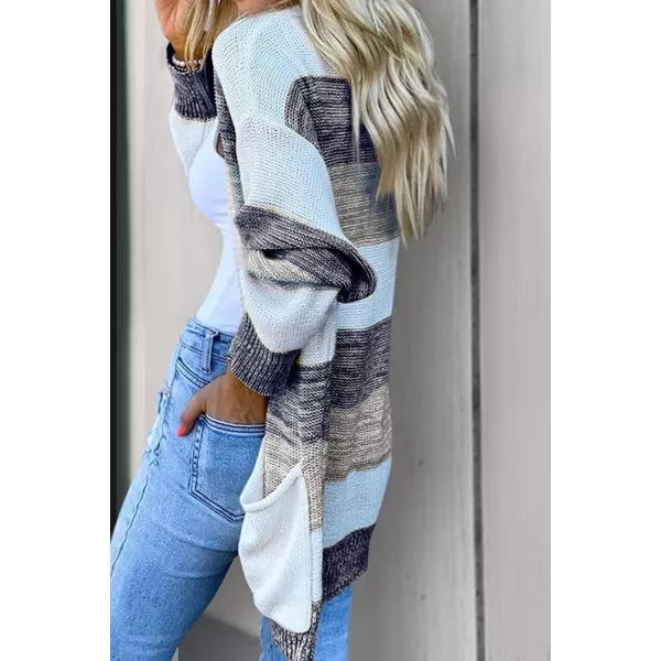 imagePRETTYGARDEN Womens Color Block Cardigan Long Sleeve Open Front Button Down Knit Sweater Coat with PocketsBlue