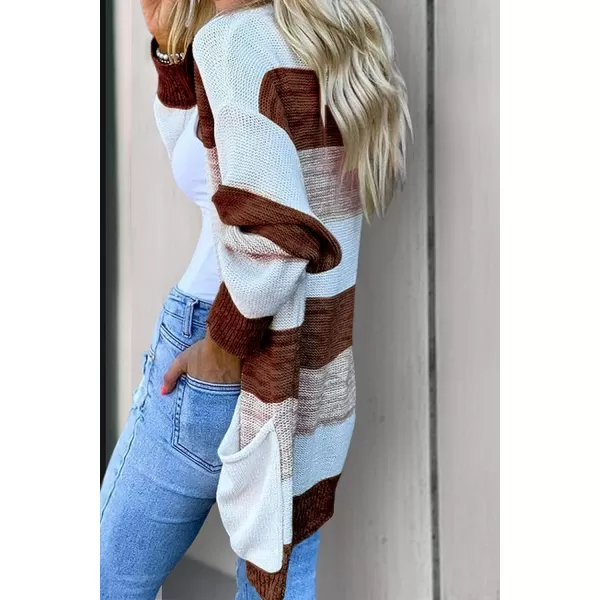 imagePRETTYGARDEN Womens Color Block Cardigan Long Sleeve Open Front Button Down Knit Sweater Coat with PocketsBrick Red
