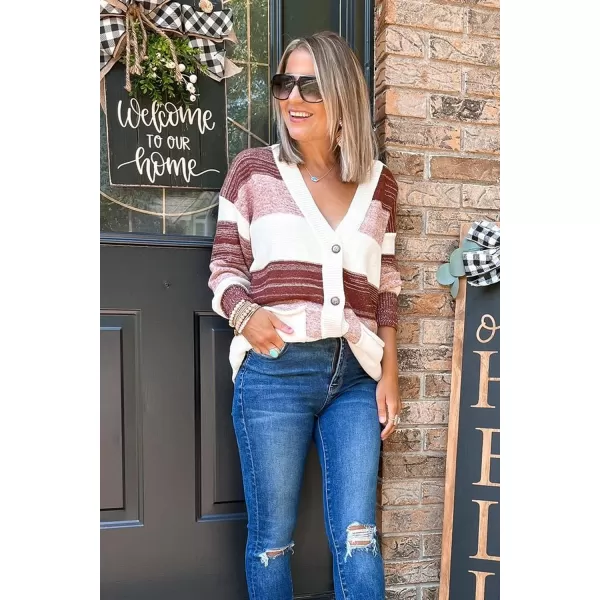 imagePRETTYGARDEN Womens Color Block Cardigan Long Sleeve Open Front Button Down Knit Sweater Coat with PocketsBrick Red
