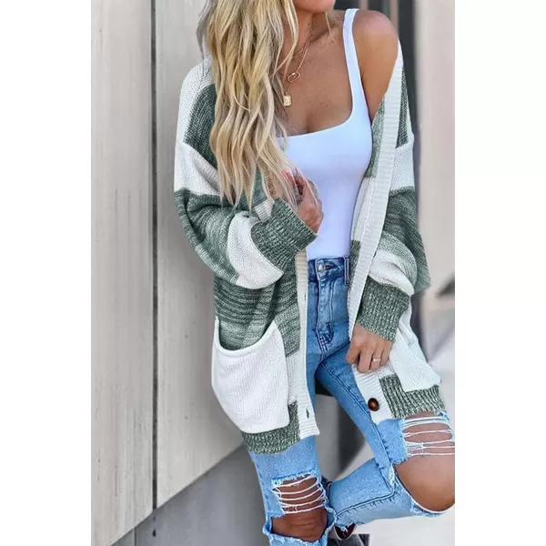 imagePRETTYGARDEN Womens Color Block Cardigan Long Sleeve Open Front Button Down Knit Sweater Coat with PocketsGreen