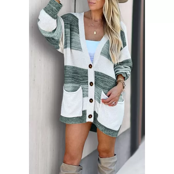 imagePRETTYGARDEN Womens Color Block Cardigan Long Sleeve Open Front Button Down Knit Sweater Coat with PocketsGreen