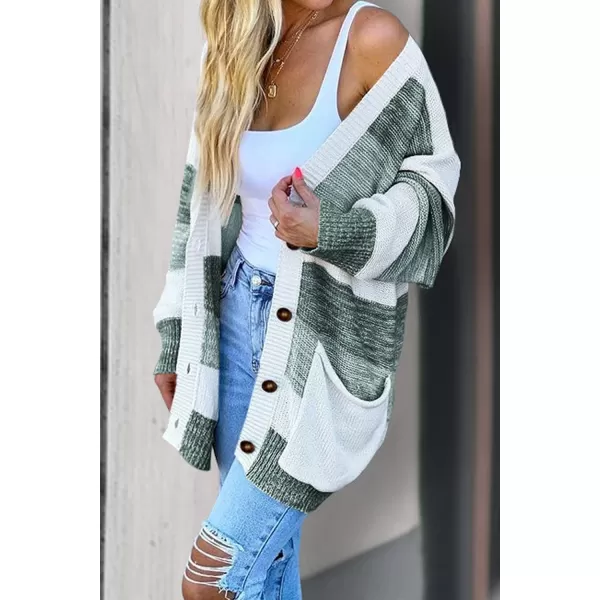 imagePRETTYGARDEN Womens Color Block Cardigan Long Sleeve Open Front Button Down Knit Sweater Coat with PocketsGreen