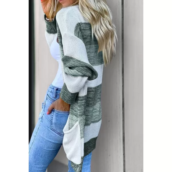 imagePRETTYGARDEN Womens Color Block Cardigan Long Sleeve Open Front Button Down Knit Sweater Coat with PocketsGreen