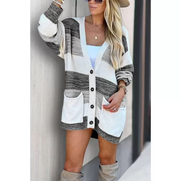 imagePRETTYGARDEN Womens Color Block Cardigan Long Sleeve Open Front Button Down Knit Sweater Coat with PocketsGrey