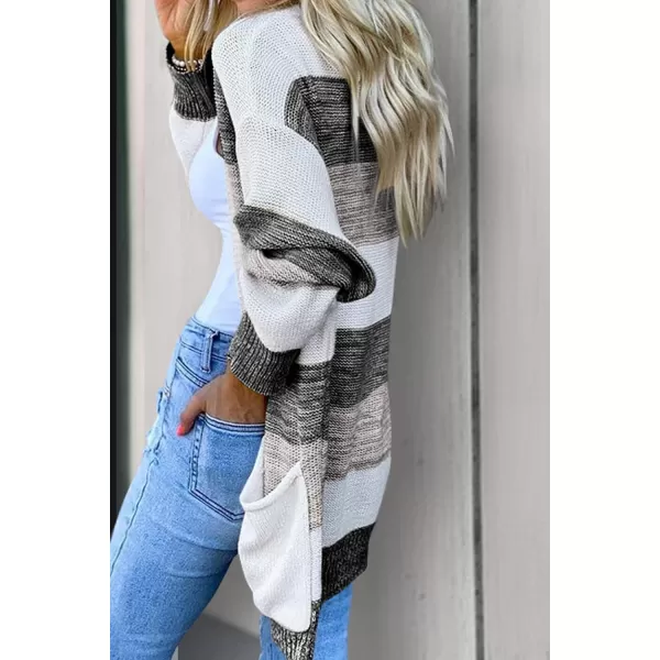 imagePRETTYGARDEN Womens Color Block Cardigan Long Sleeve Open Front Button Down Knit Sweater Coat with PocketsGrey