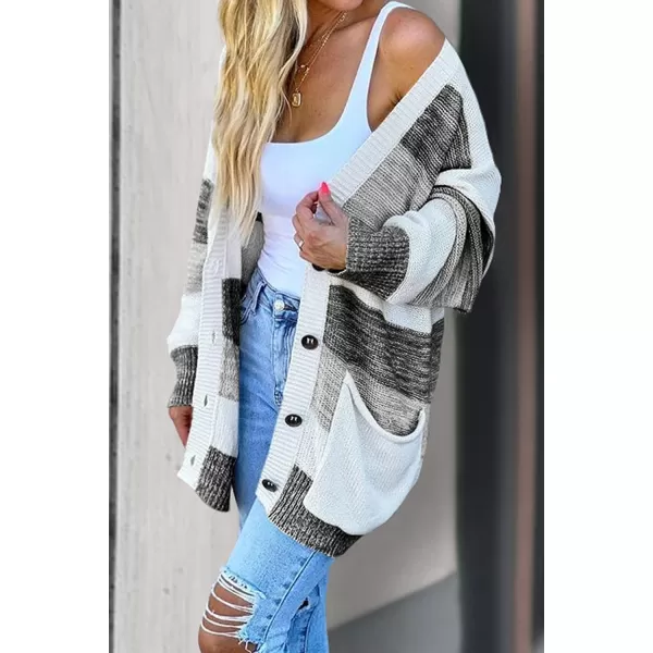 imagePRETTYGARDEN Womens Color Block Cardigan Long Sleeve Open Front Button Down Knit Sweater Coat with PocketsGrey