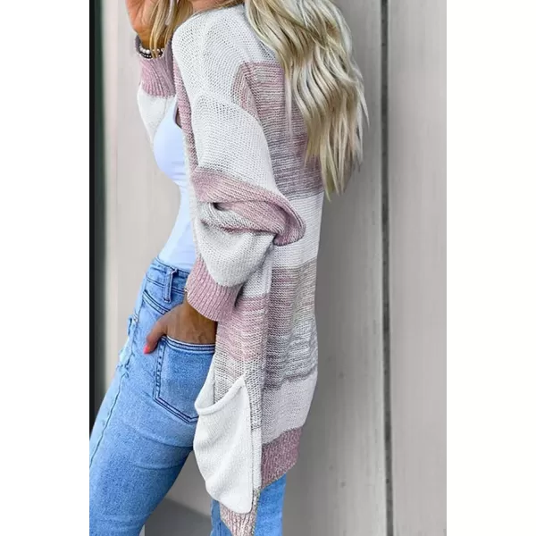 imagePRETTYGARDEN Womens Color Block Cardigan Long Sleeve Open Front Button Down Knit Sweater Coat with PocketsPink