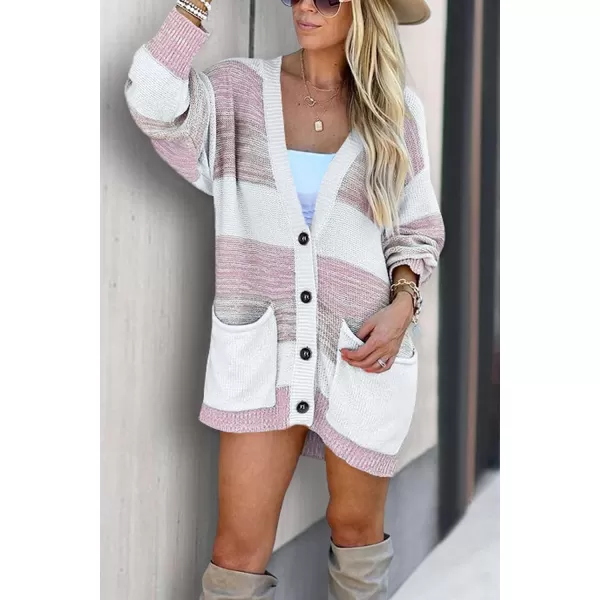 imagePRETTYGARDEN Womens Color Block Cardigan Long Sleeve Open Front Button Down Knit Sweater Coat with PocketsPink