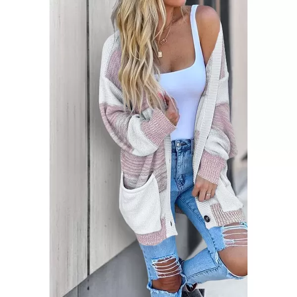 imagePRETTYGARDEN Womens Color Block Cardigan Long Sleeve Open Front Button Down Knit Sweater Coat with PocketsPink