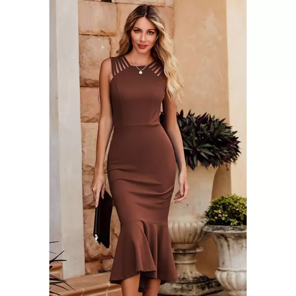 imagePRETTYGARDEN Womens Elegant Midi Bodycon Dress Sleeveless Backless Ruffle Hem Mermaid Formal Cocktail Wedding Guest DressesCoffee