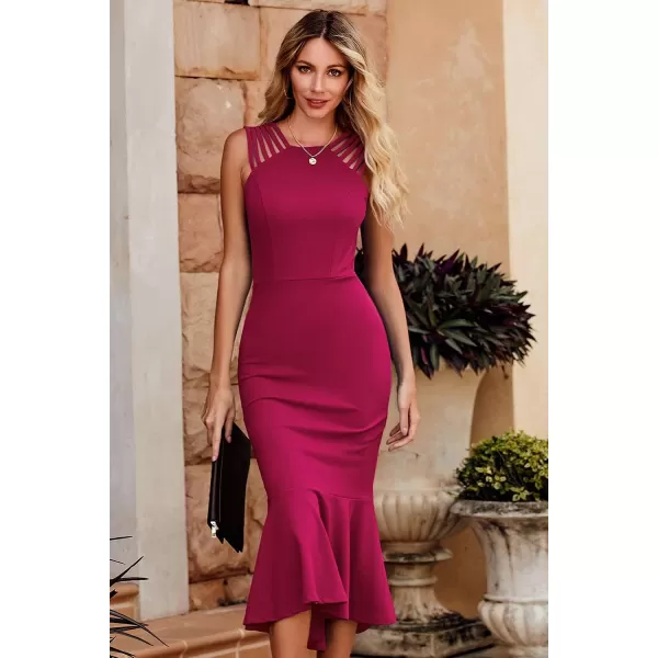 imagePRETTYGARDEN Womens Elegant Midi Bodycon Dress Sleeveless Backless Ruffle Hem Mermaid Formal Cocktail Wedding Guest DressesRose Red