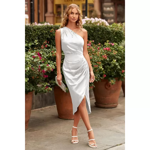 imagePRETTYGARDEN Womens Elegant Satin Midi Bodycon Dress 2023 Summer One Shoulder Ruched Wrap Cocktail Party DressesBeige White