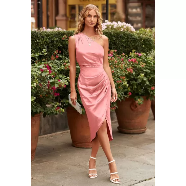 imagePRETTYGARDEN Womens Elegant Satin Midi Bodycon Dress 2023 Summer One Shoulder Ruched Wrap Cocktail Party DressesPink