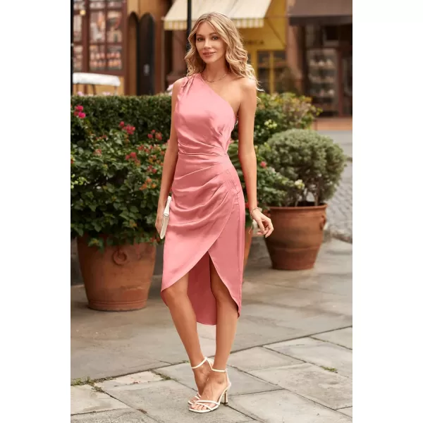 imagePRETTYGARDEN Womens Elegant Satin Midi Bodycon Dress 2023 Summer One Shoulder Ruched Wrap Cocktail Party DressesPink