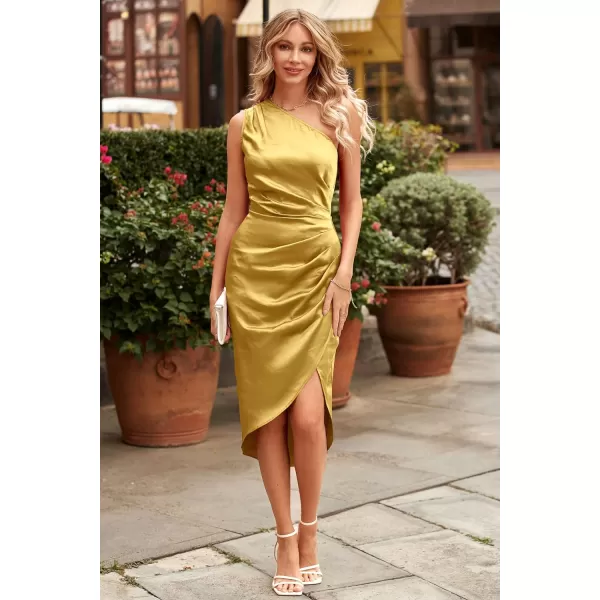 imagePRETTYGARDEN Womens Elegant Satin Midi Bodycon Dress 2023 Summer One Shoulder Ruched Wrap Cocktail Party DressesYellow