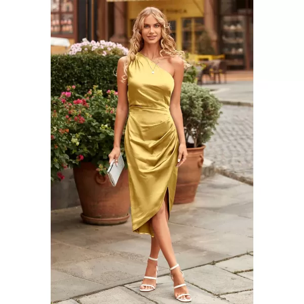 imagePRETTYGARDEN Womens Elegant Satin Midi Bodycon Dress 2023 Summer One Shoulder Ruched Wrap Cocktail Party DressesYellow