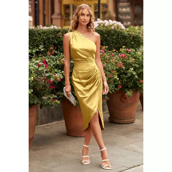 imagePRETTYGARDEN Womens Elegant Satin Midi Bodycon Dress 2023 Summer One Shoulder Ruched Wrap Cocktail Party DressesYellow