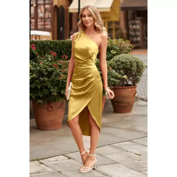 imagePRETTYGARDEN Womens Elegant Satin Midi Bodycon Dress 2023 Summer One Shoulder Ruched Wrap Cocktail Party DressesYellow