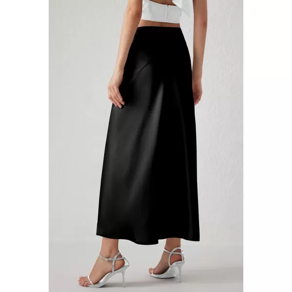 imagePRETTYGARDEN Womens Elegant Satin Skirt High Waist A Line Flowy Cocktail Party Flared Midi SkirtsBlack