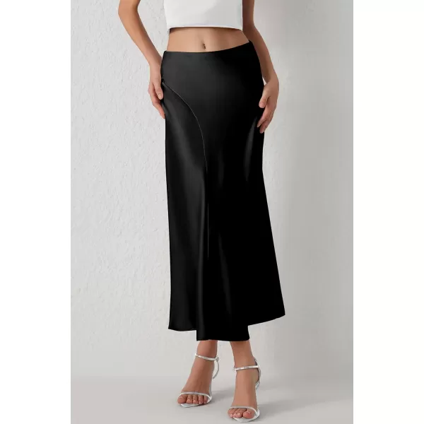 imagePRETTYGARDEN Womens Elegant Satin Skirt High Waist A Line Flowy Cocktail Party Flared Midi SkirtsBlack