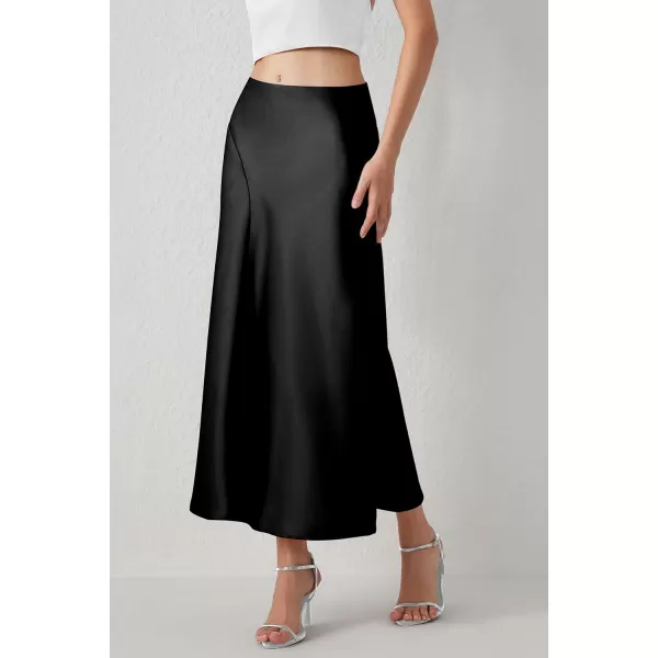 imagePRETTYGARDEN Womens Elegant Satin Skirt High Waist A Line Flowy Cocktail Party Flared Midi SkirtsBlack