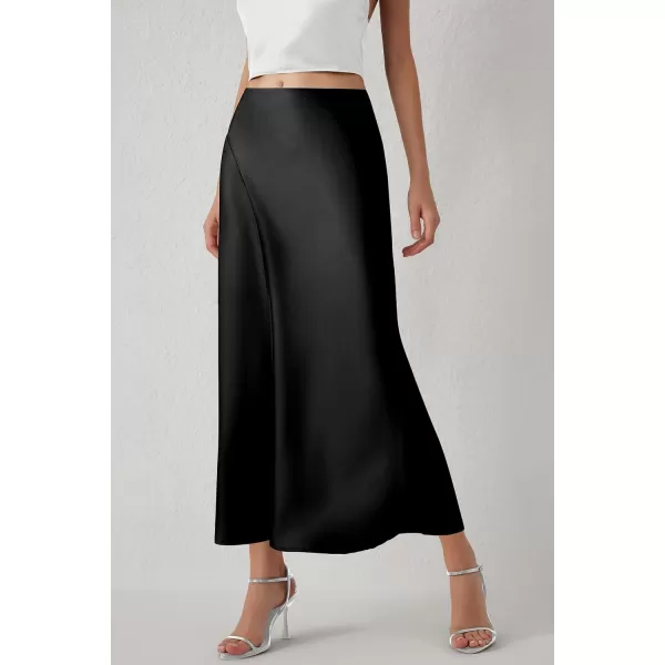 imagePRETTYGARDEN Womens Elegant Satin Skirt High Waist A Line Flowy Cocktail Party Flared Midi SkirtsBlack