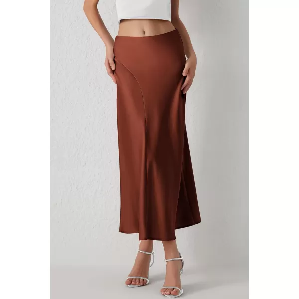 imagePRETTYGARDEN Womens Elegant Satin Skirt High Waist A Line Flowy Cocktail Party Flared Midi SkirtsBrown