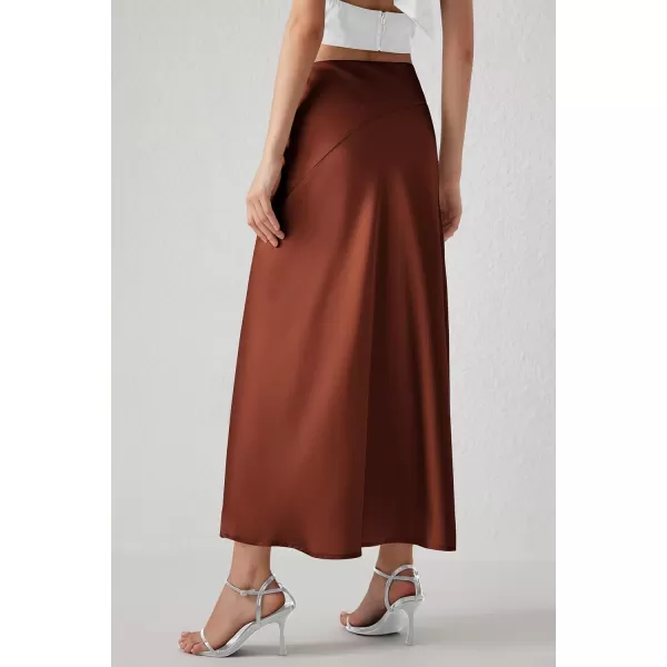 imagePRETTYGARDEN Womens Elegant Satin Skirt High Waist A Line Flowy Cocktail Party Flared Midi SkirtsBrown